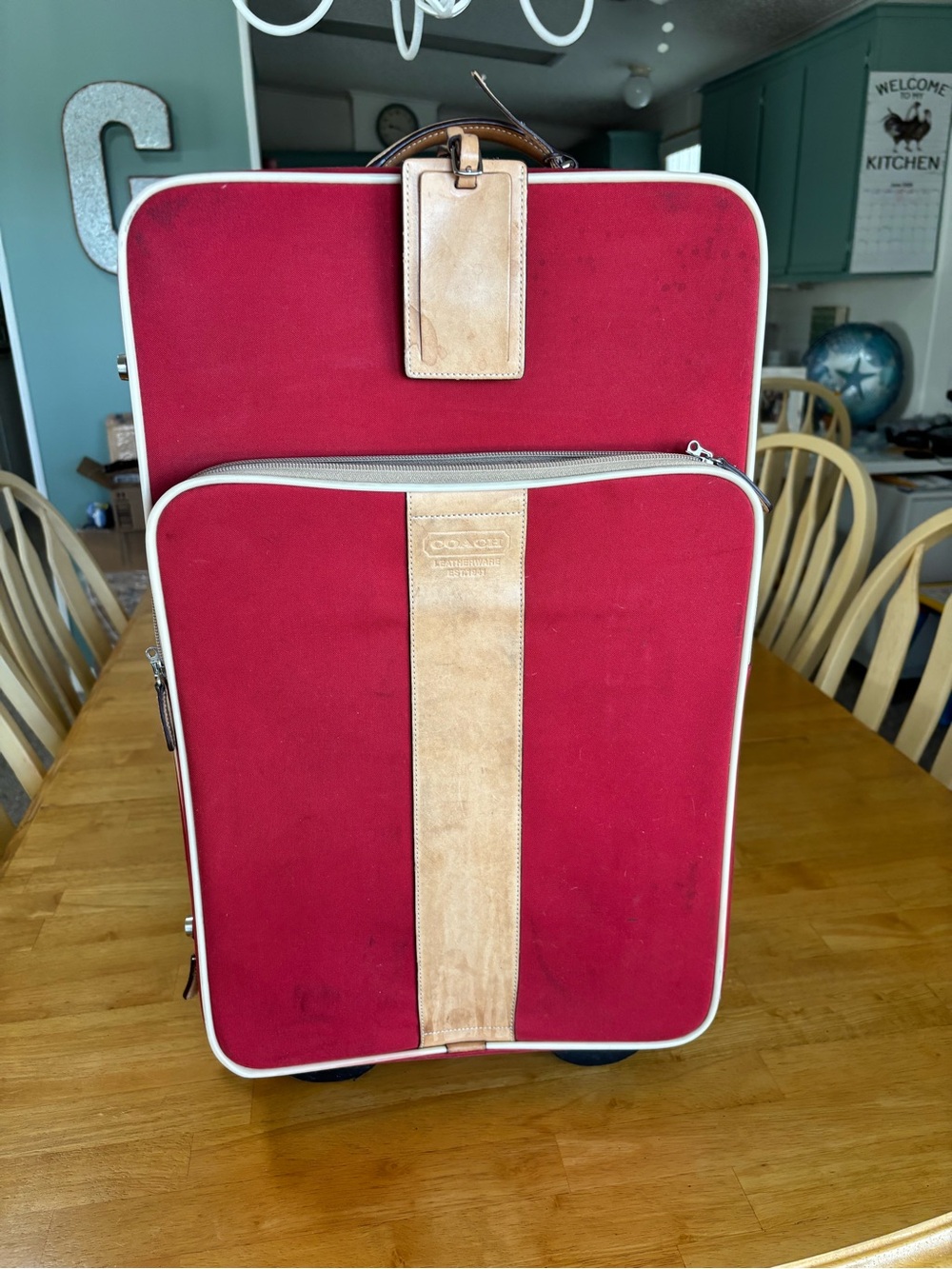 Coach Red Canvas Travel Carry-On with Tan Leather Trim